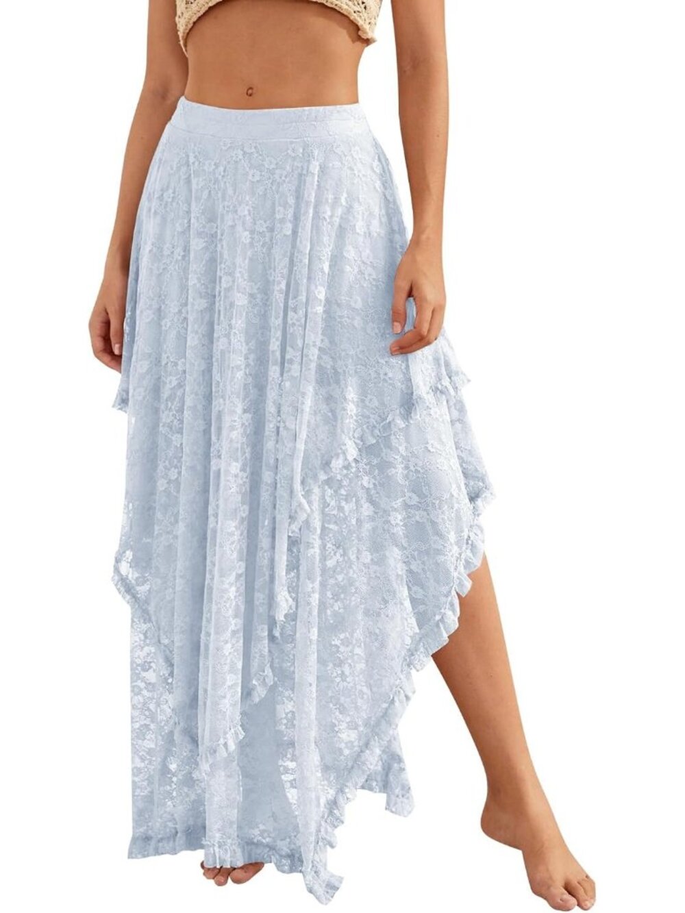 Women's Blue Floral Lace  Asymmetrical Layered Flowy Boho Beach Maxi Skirt